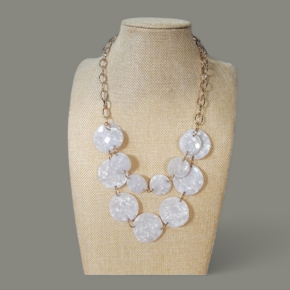 Double Strand Statement Necklace Pearl style discs Capiz on gold tone chain